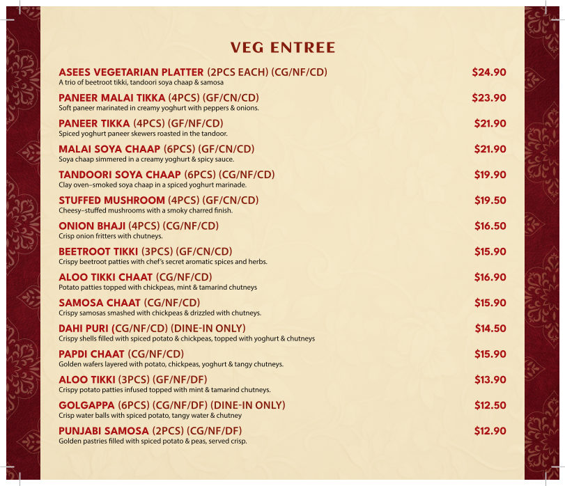 Menu, Asees Indian Restaurant Wollongong