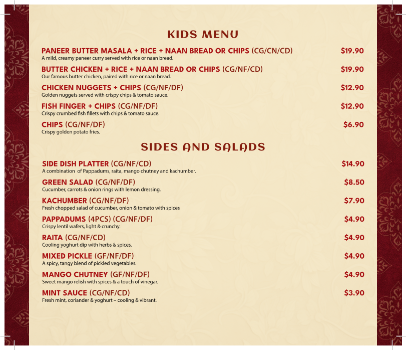 Menu, Asees Indian Restaurant Wollongong