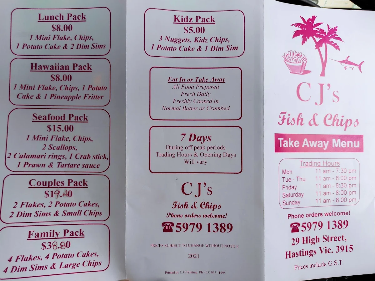 Menu, Cj's Fish & Chips