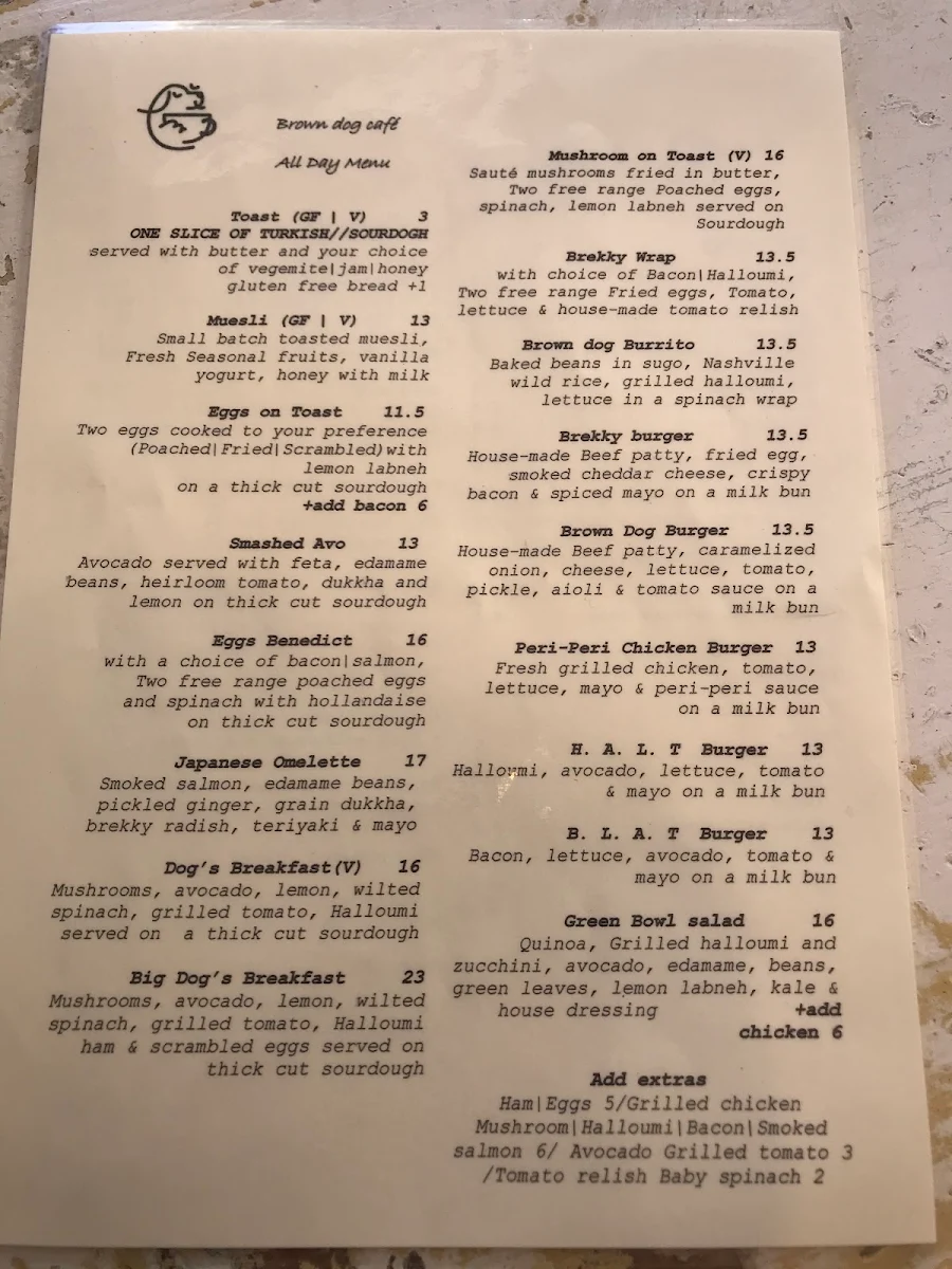 Menu, Brown Dog Cafe