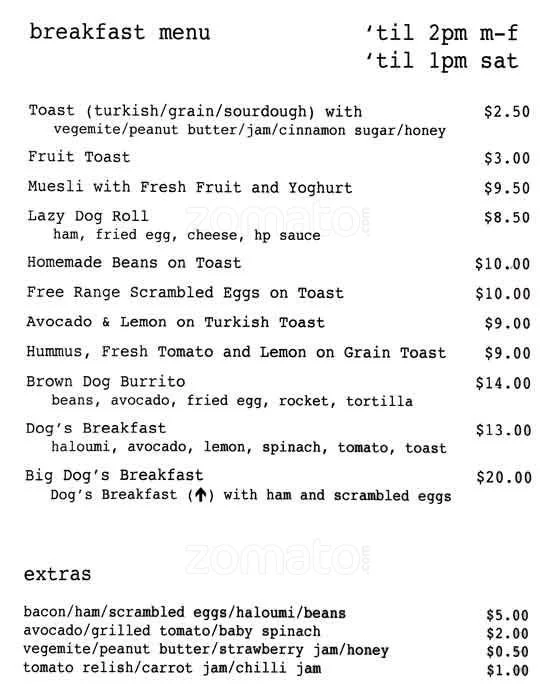 Menu, Brown Dog Cafe