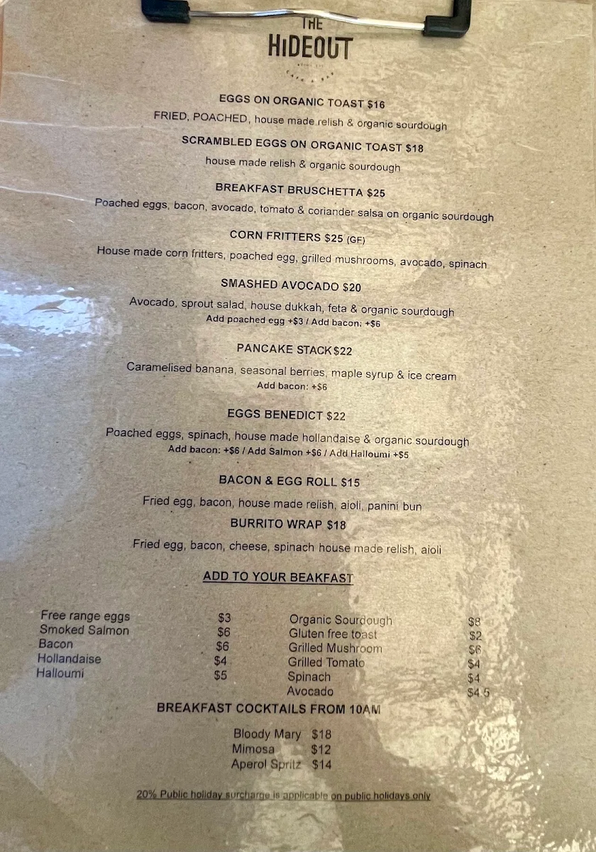 Menu, The Hideout cafe / shakshuka barbyron bay