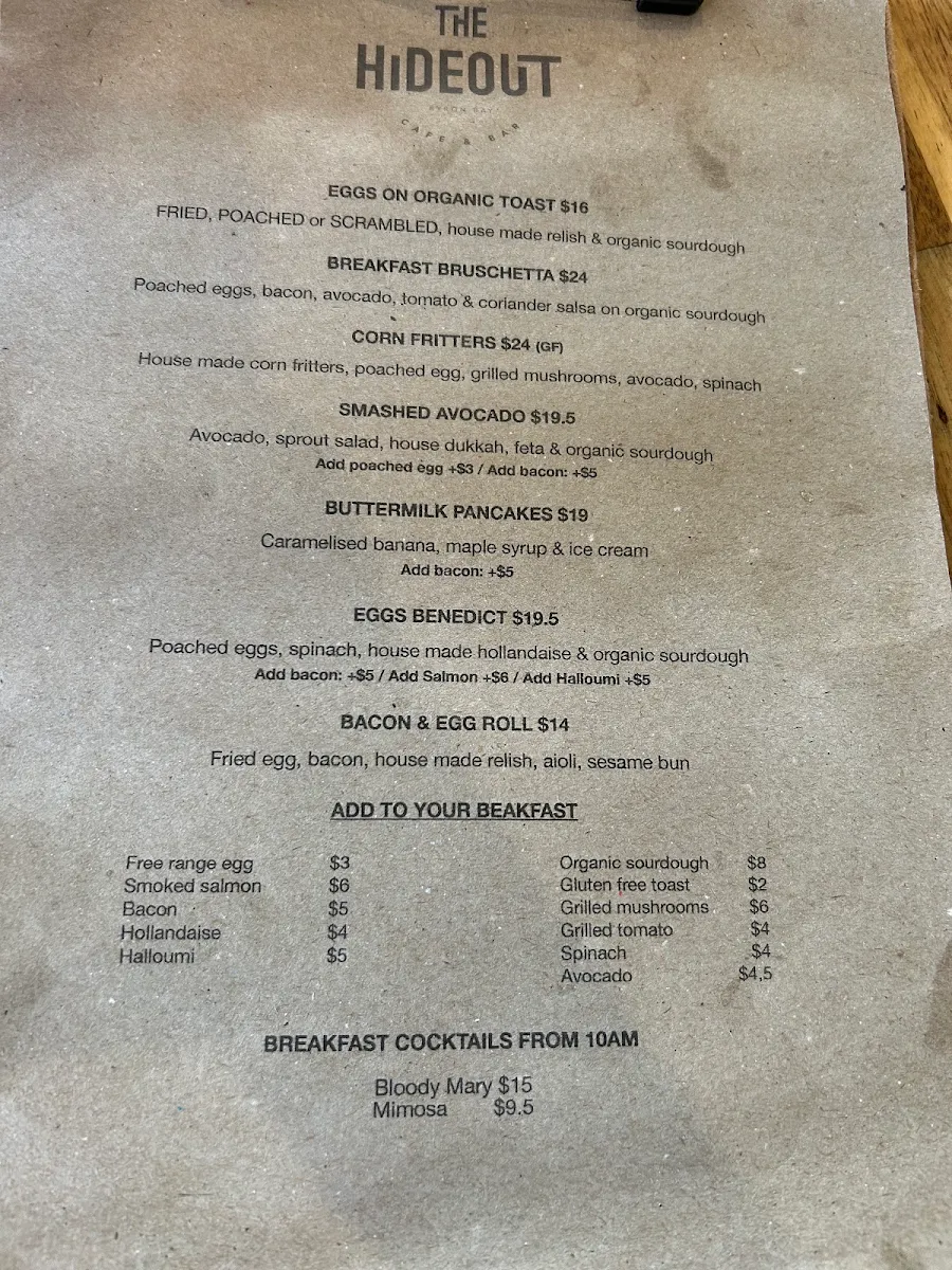 Menu, The Hideout cafe / shakshuka barbyron bay