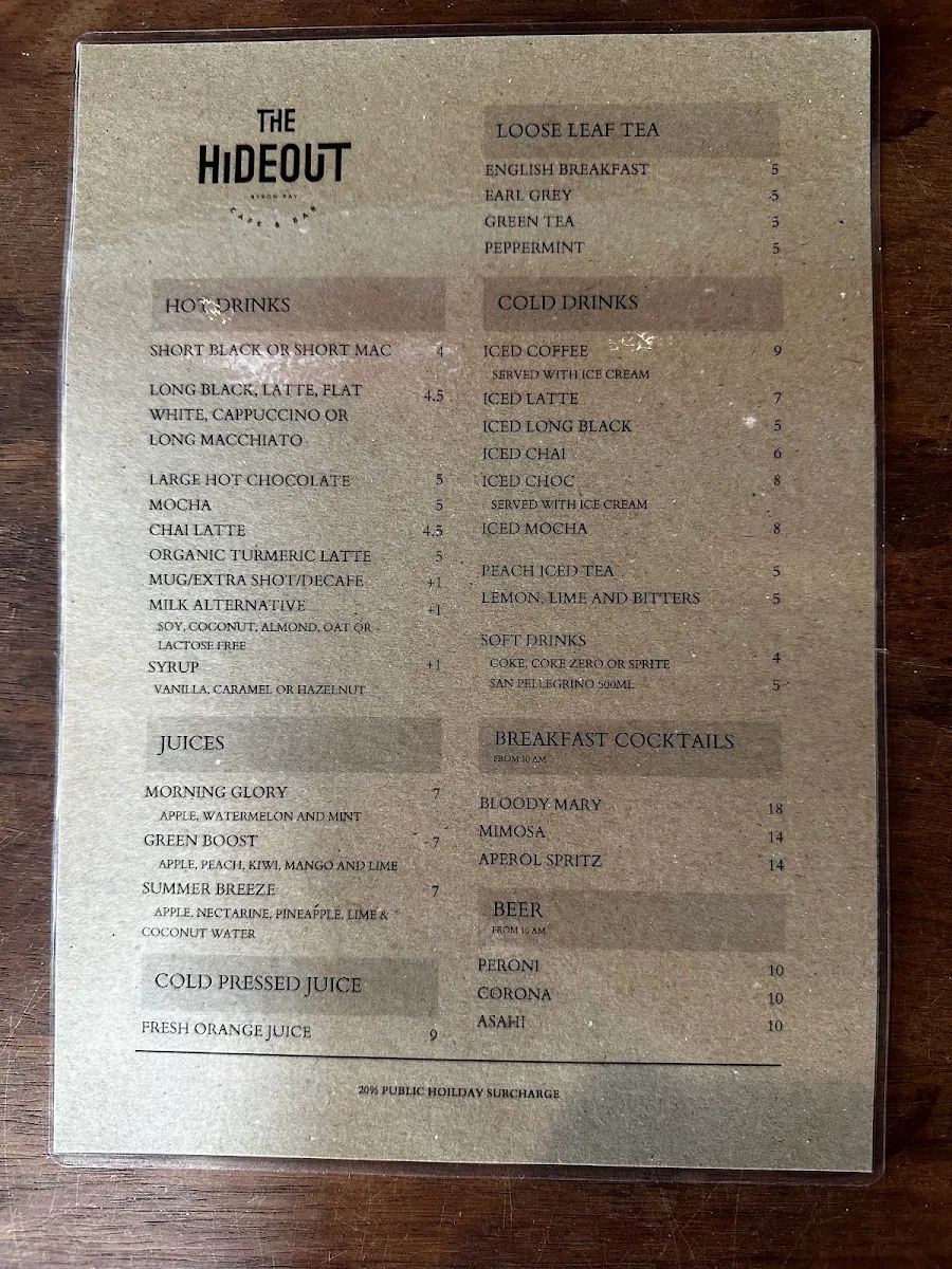 Menu, The Hideout cafe / shakshuka barbyron bay