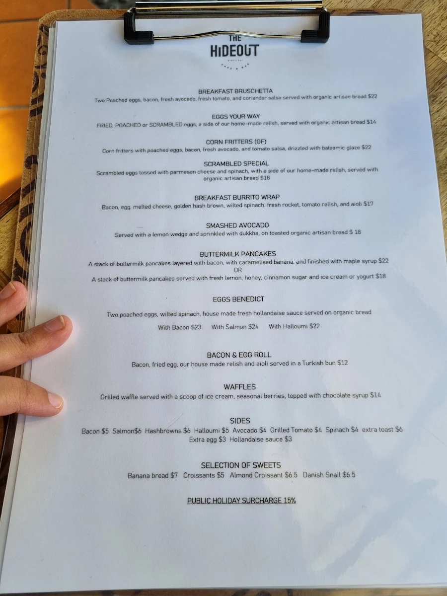 Menu, The Hideout cafe / shakshuka barbyron bay