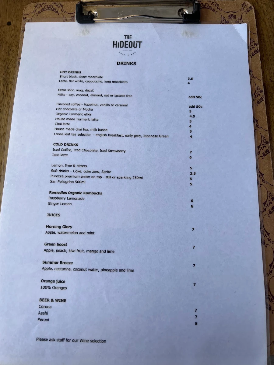 Menu, The Hideout cafe / shakshuka barbyron bay