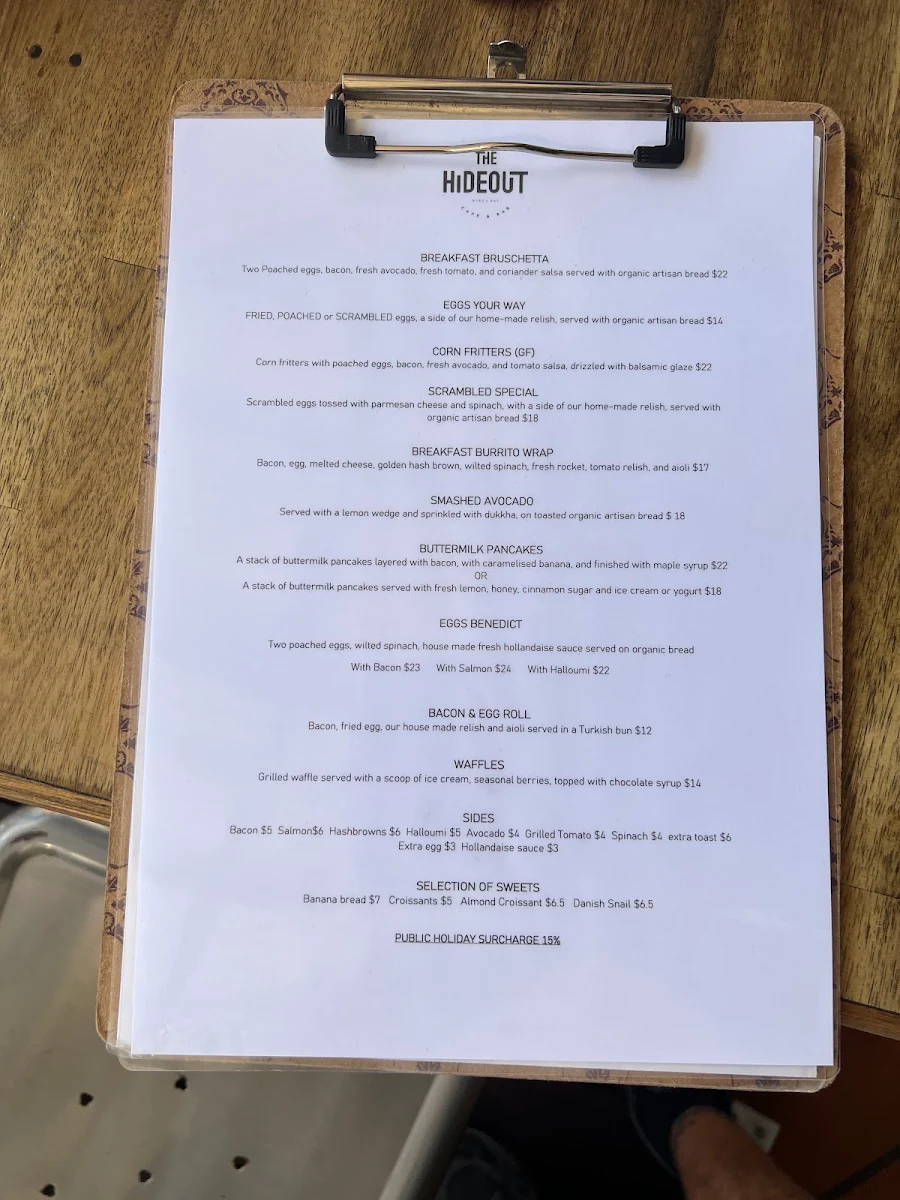 Menu, The Hideout cafe / shakshuka barbyron bay