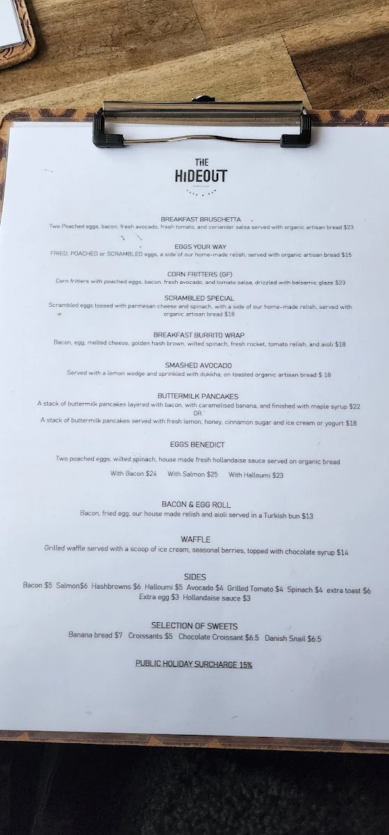 Menu, The Hideout cafe / shakshuka barbyron bay