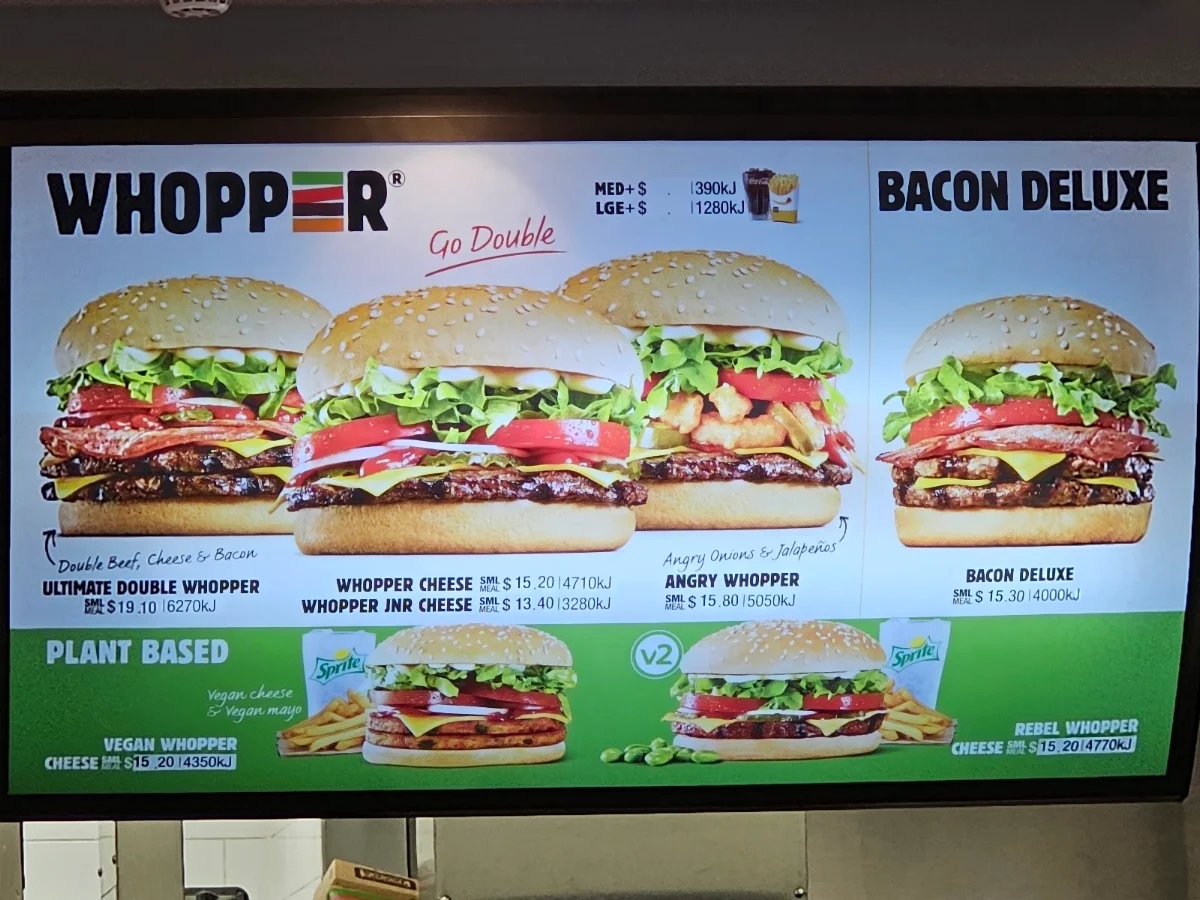 Menu, Hungry Jack's Burgers Perth International Airport