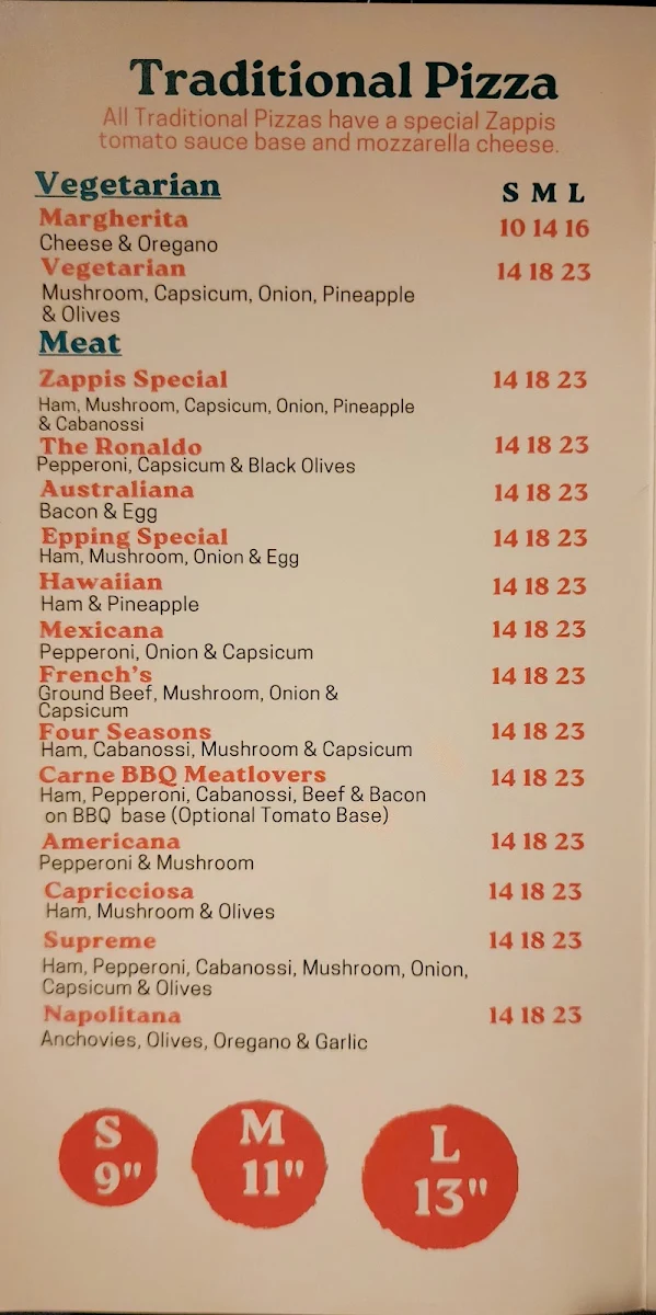 Menu, Zappi's Pizzeria Cafe Epping