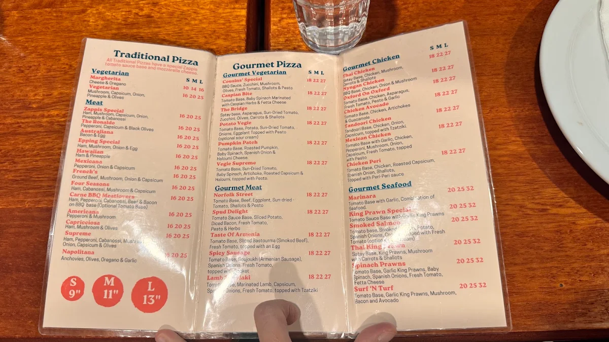 Menu, Zappi's Pizzeria Cafe Epping