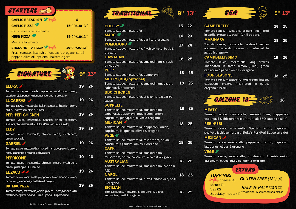 Menu, Eluka's Pizza
