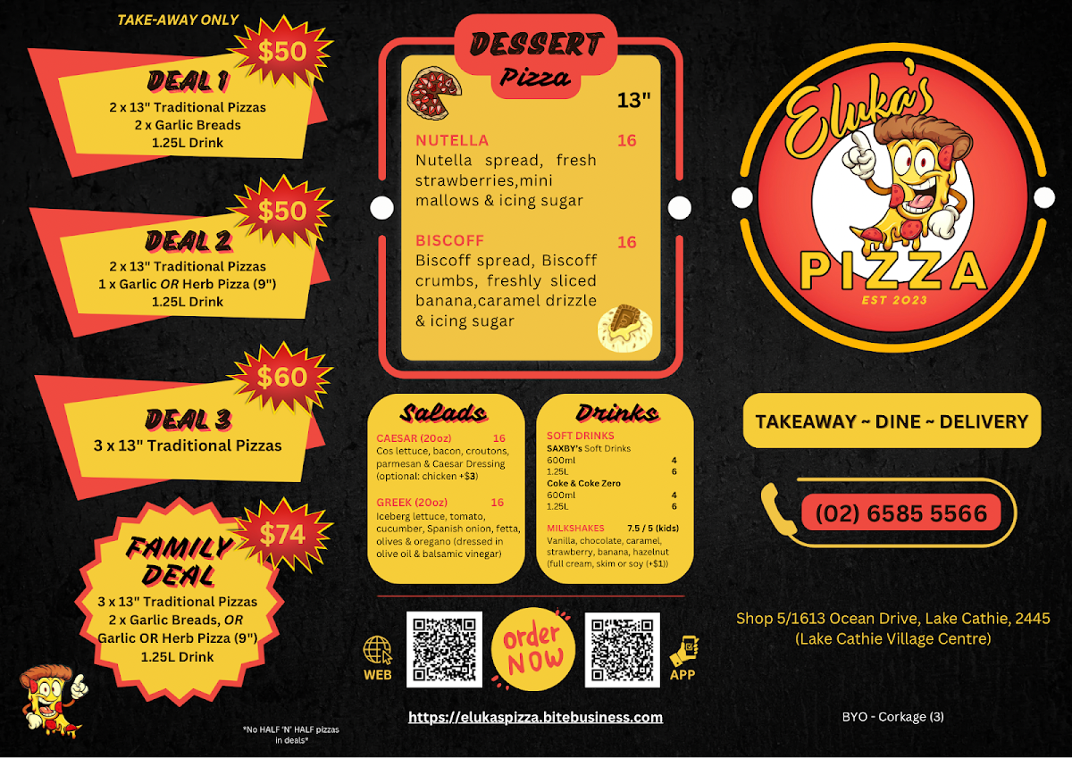 Menu, Eluka's Pizza