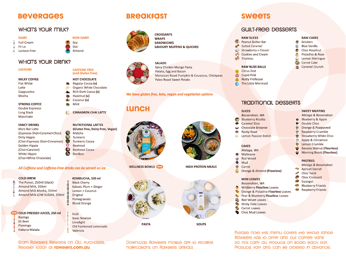 Menu, Rawsters Mobile Cafe Kewdale Coffee Van