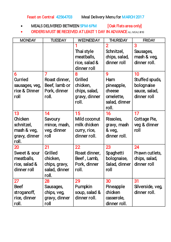 Menu, Feast on Central