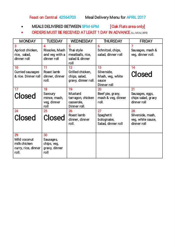 Menu, Feast on Central