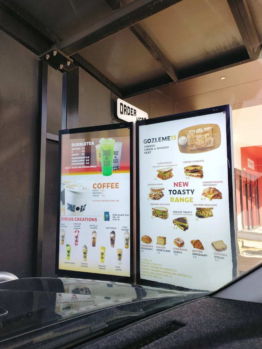 Menu, Sirius Black Coffee. Drive Thru.
