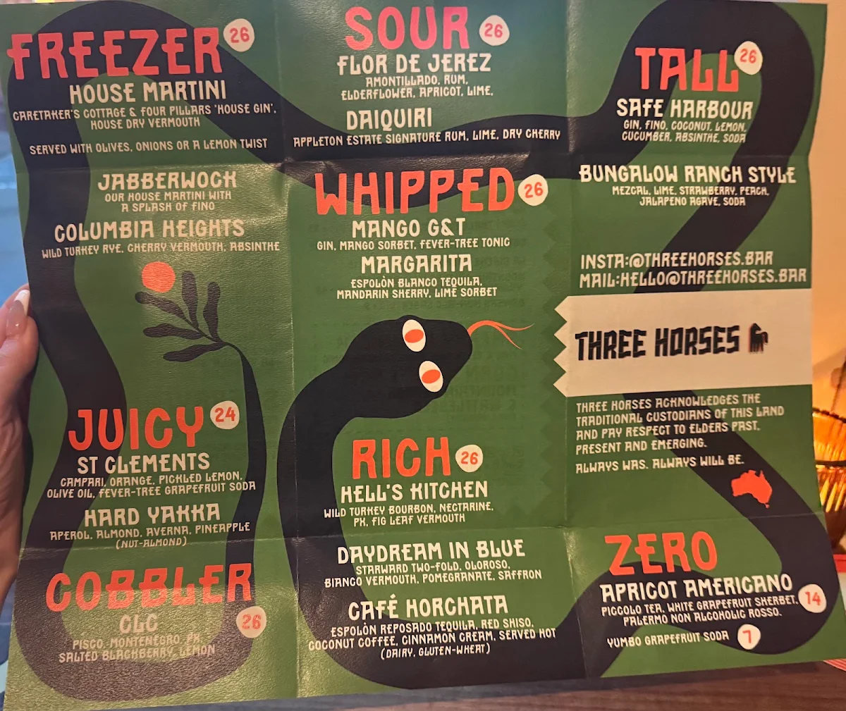 Menu, Three Horses