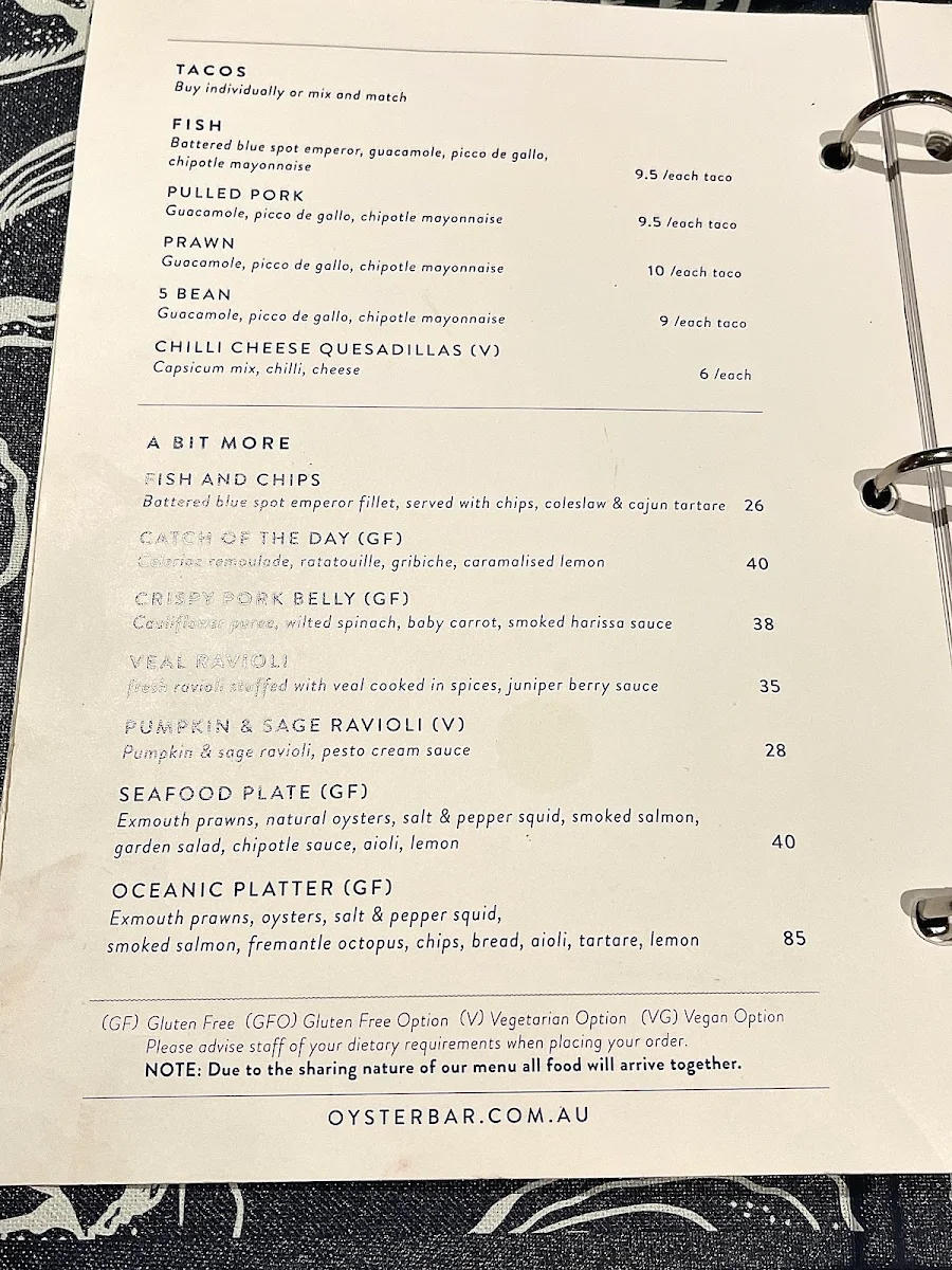 Menu, Oyster Bar Elizabeth Quay