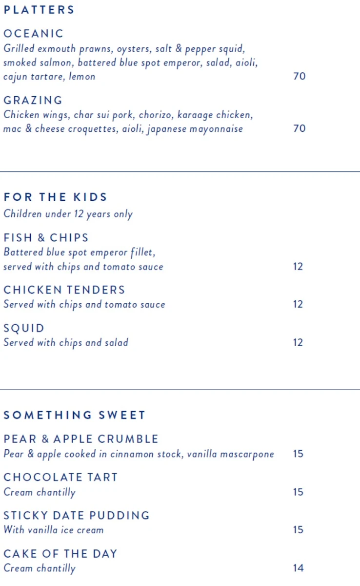 Menu, Oyster Bar Elizabeth Quay
