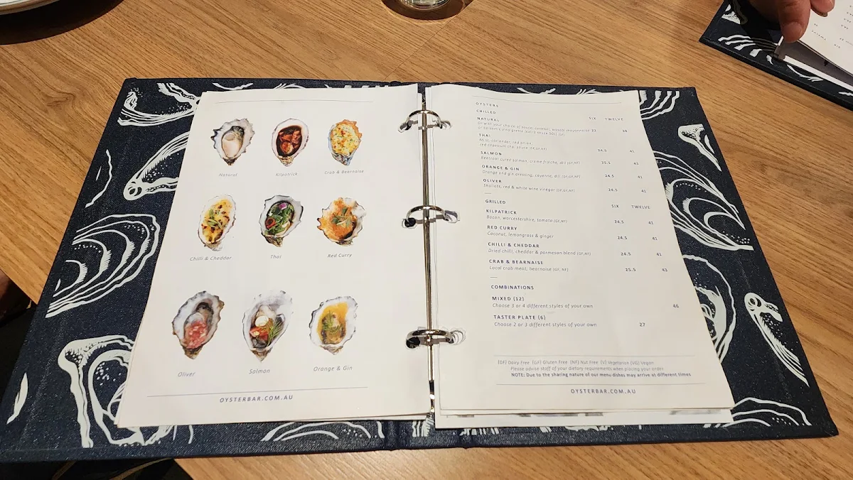 Menu, Oyster Bar Elizabeth Quay