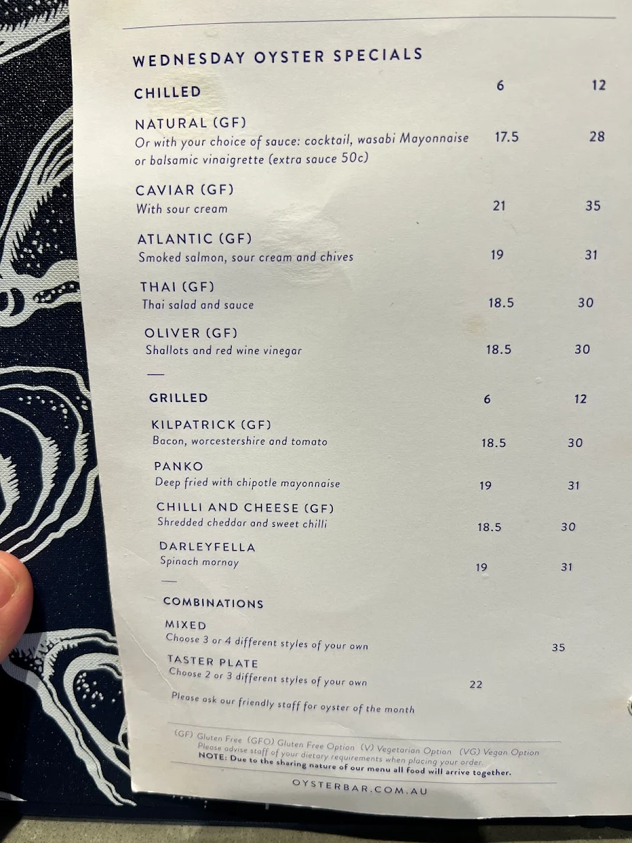Menu, Oyster Bar Elizabeth Quay