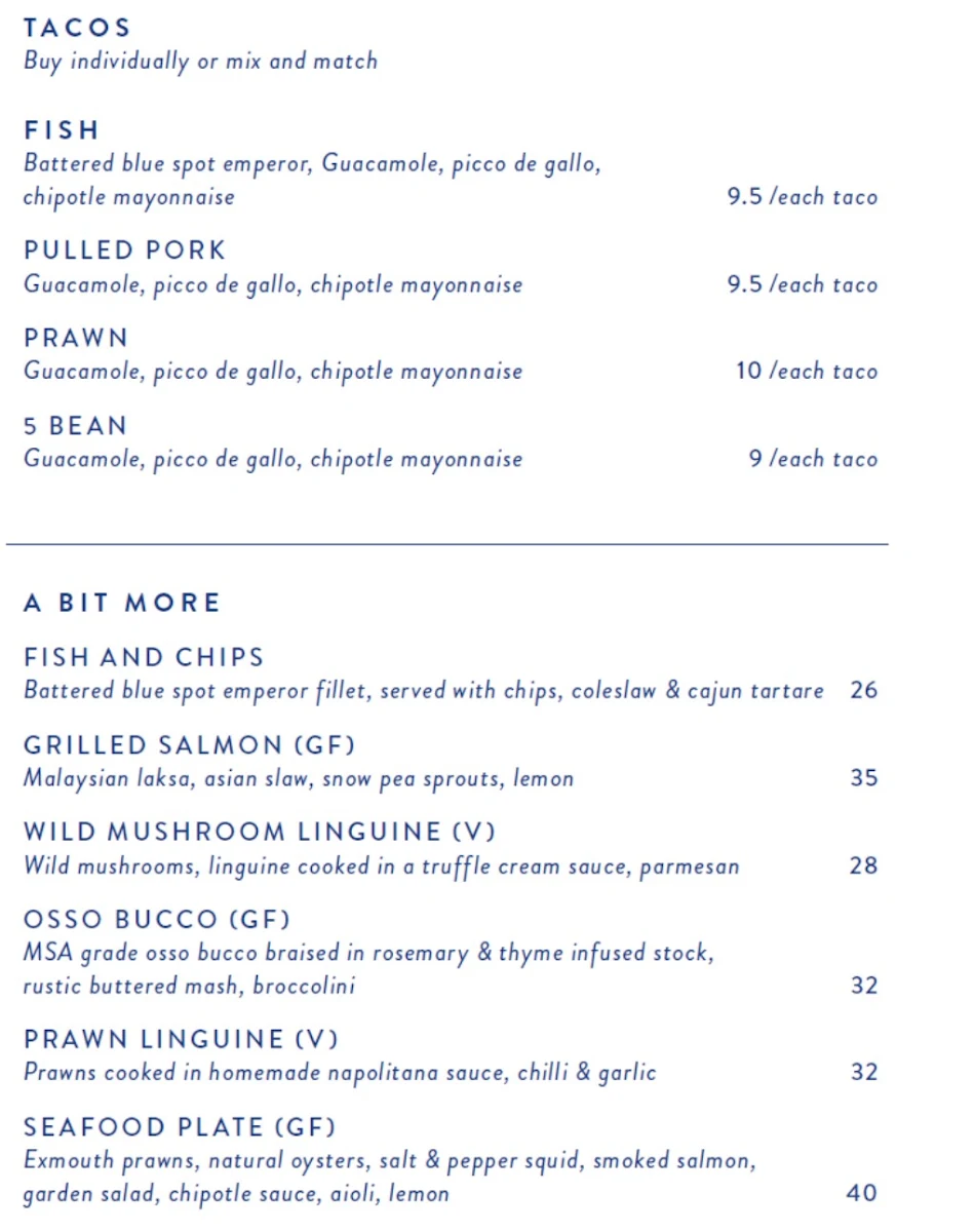 Menu, Oyster Bar Elizabeth Quay