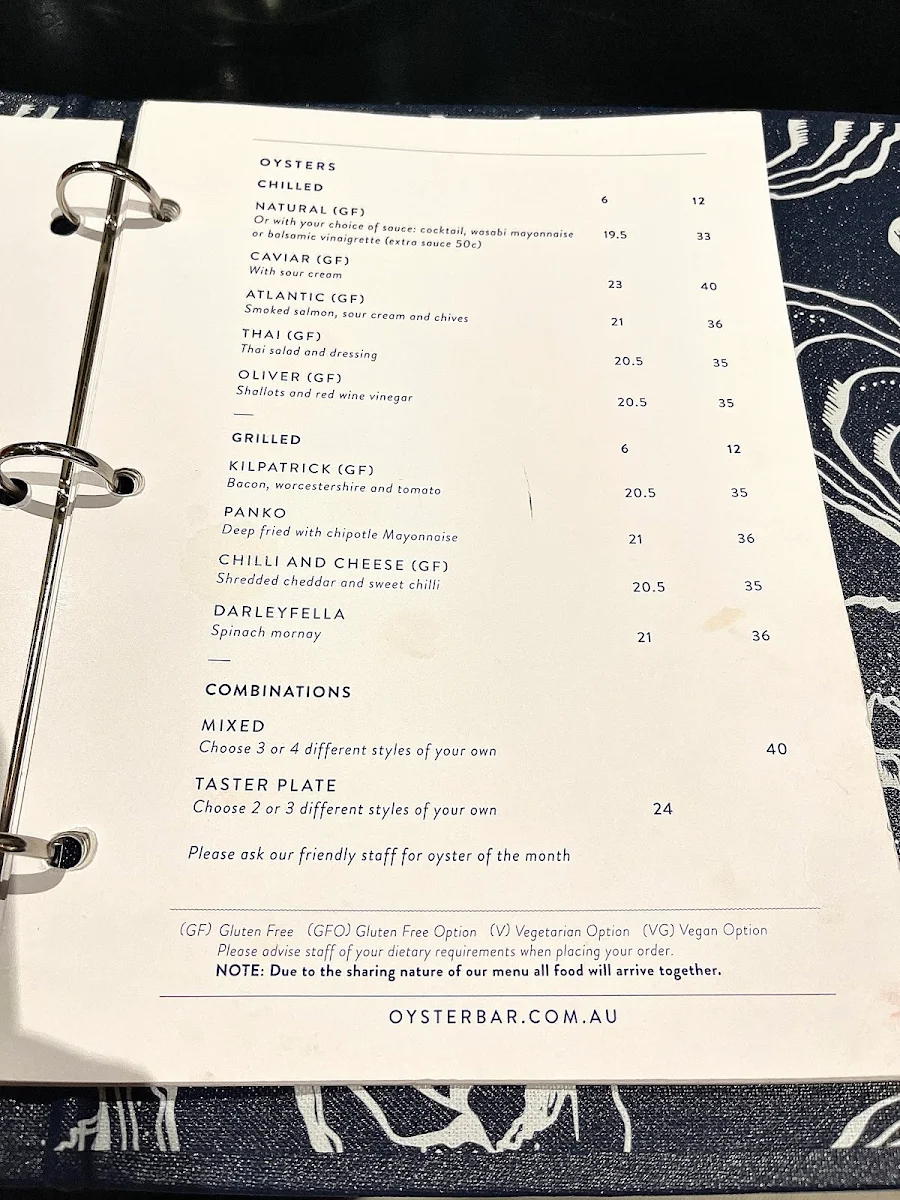 Menu, Oyster Bar Elizabeth Quay