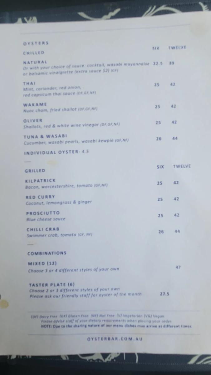Menu, Oyster Bar Elizabeth Quay