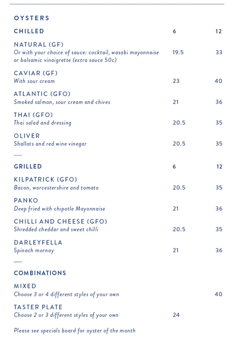 Menu, Oyster Bar Elizabeth Quay
