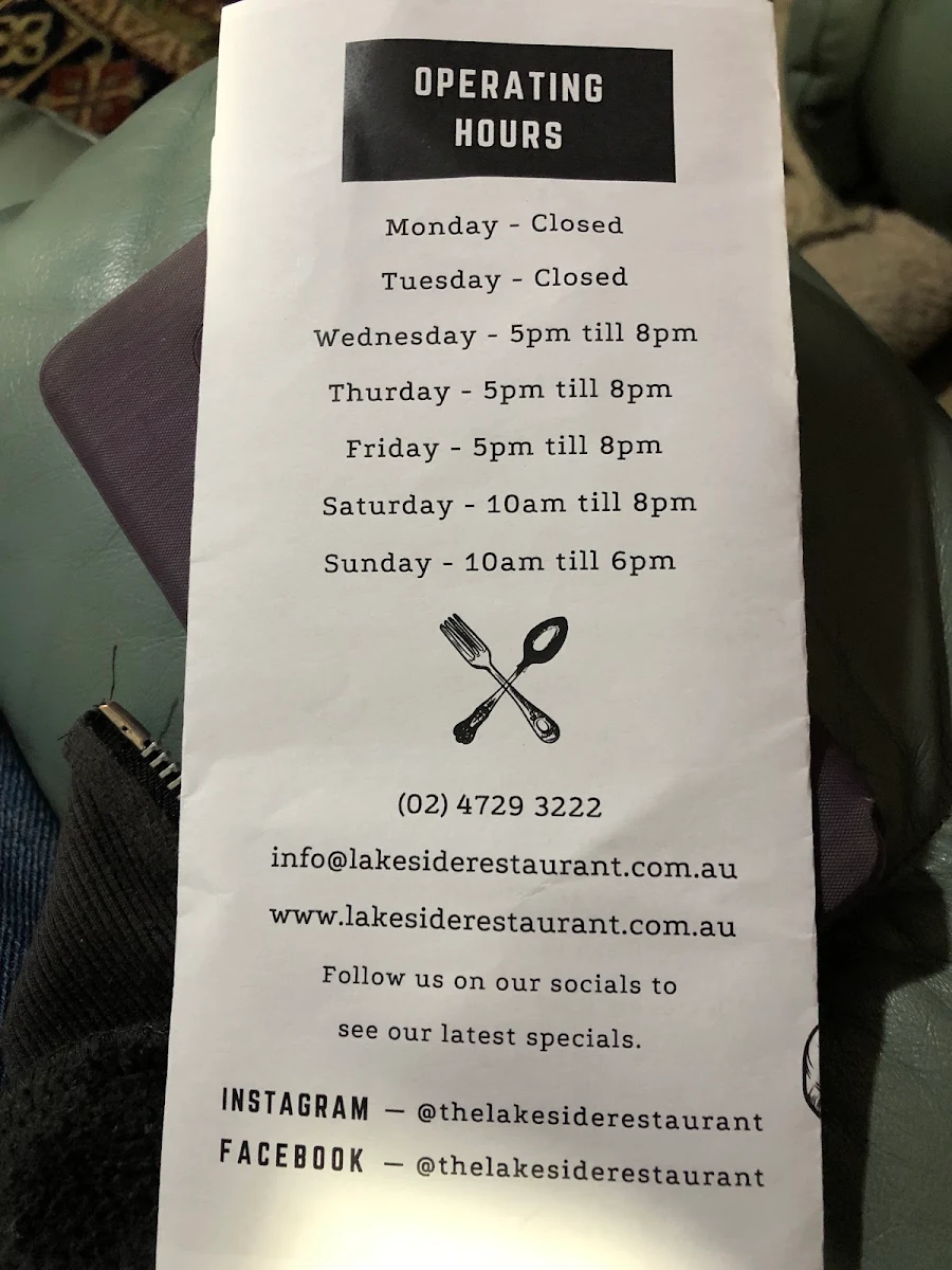 Menu, Lakeside Restaurant