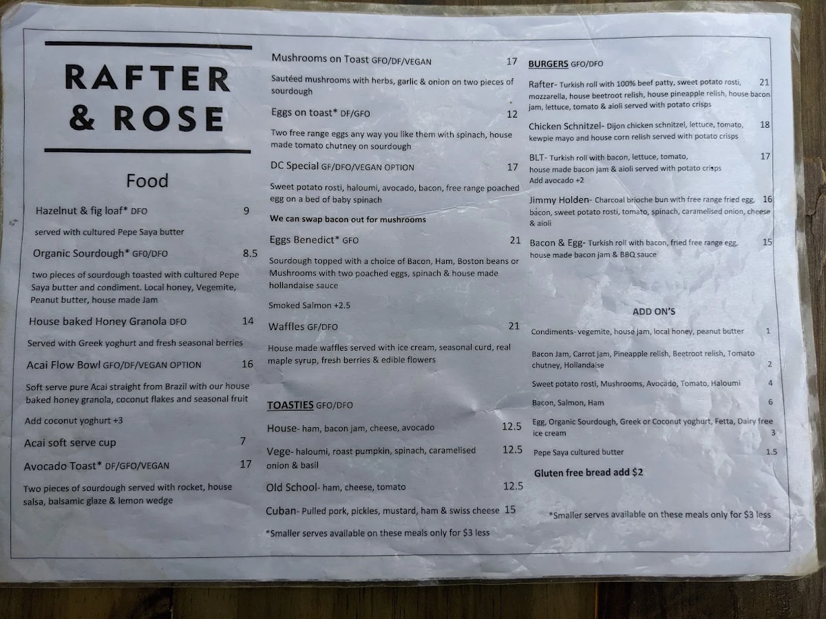 Menu, Rafter & Rose