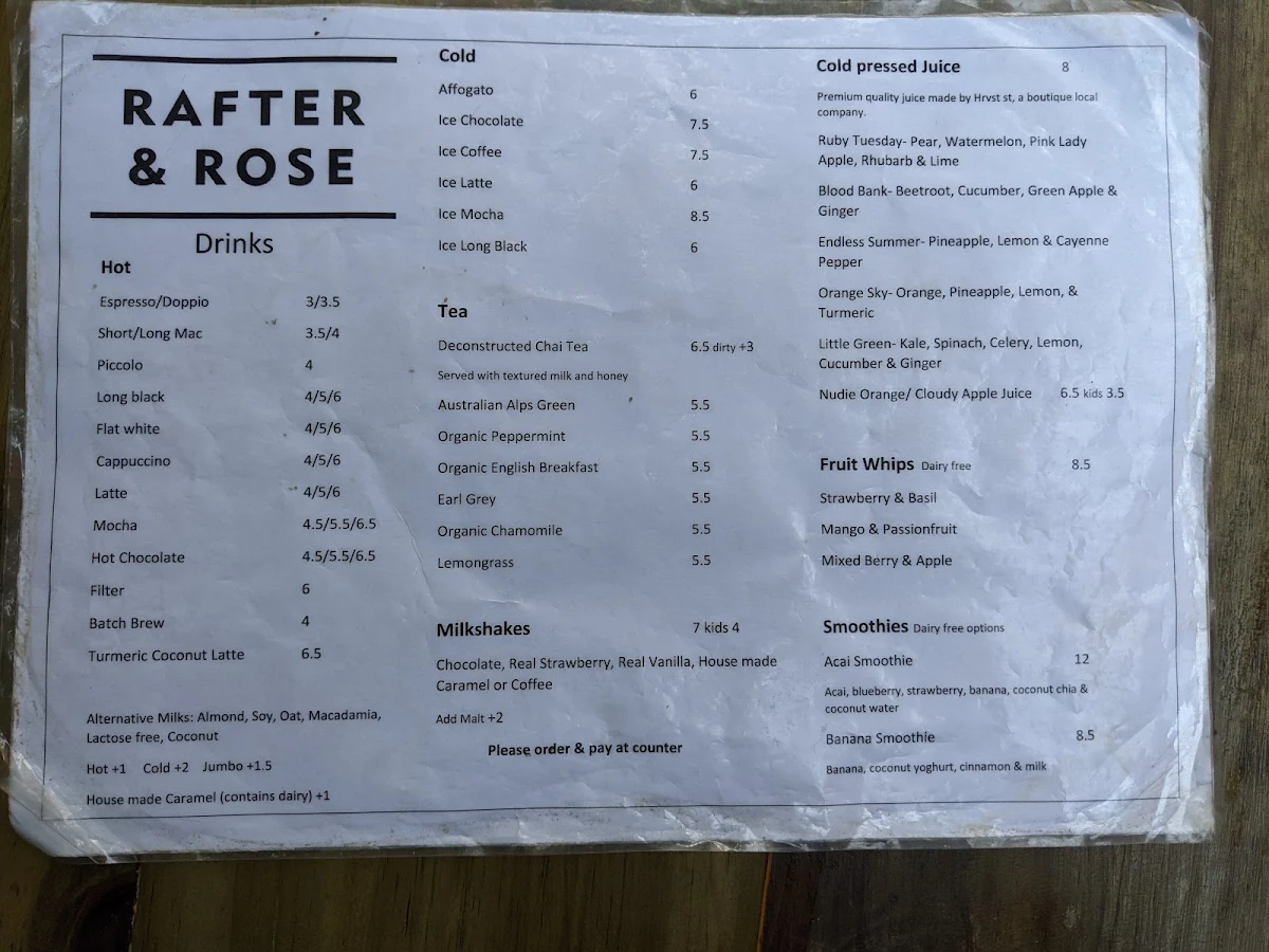 Menu, Rafter & Rose