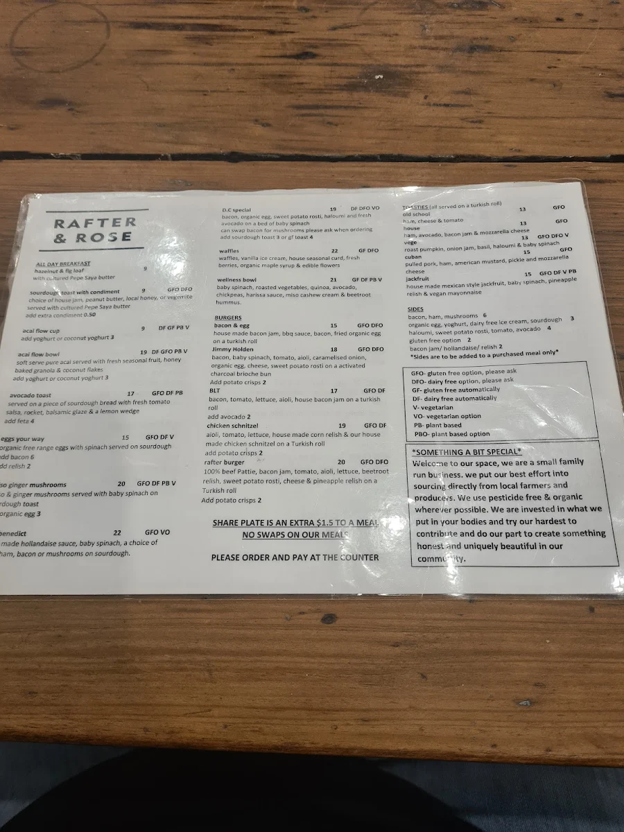 Menu, Rafter & Rose