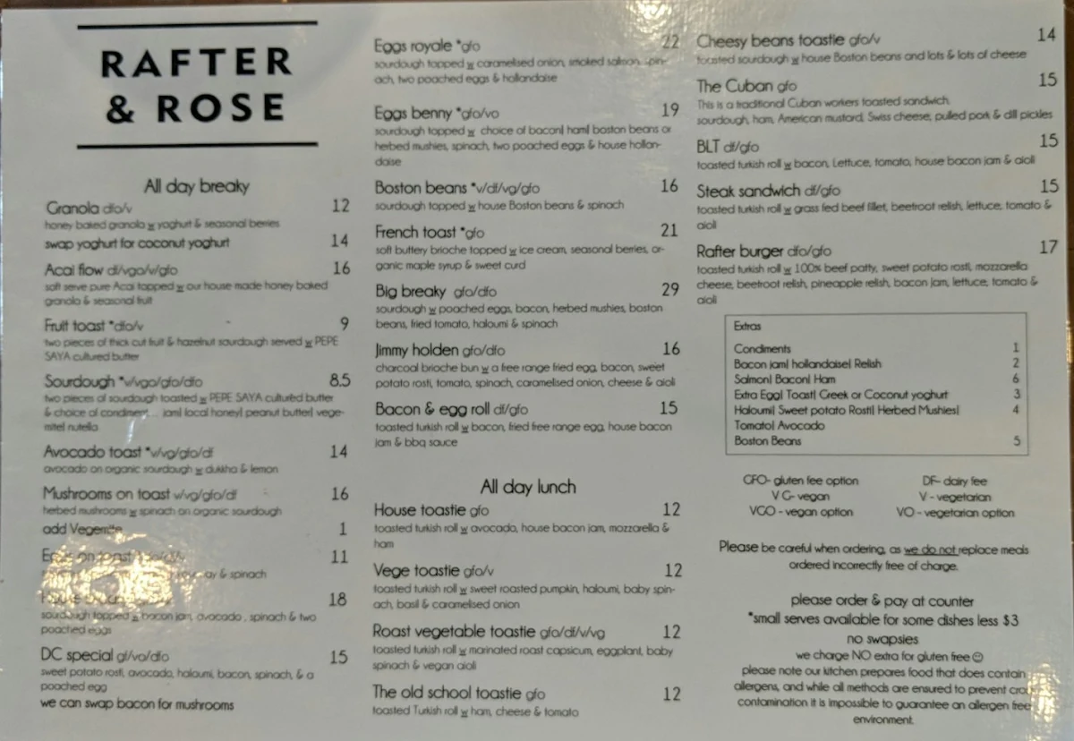 Menu, Rafter & Rose