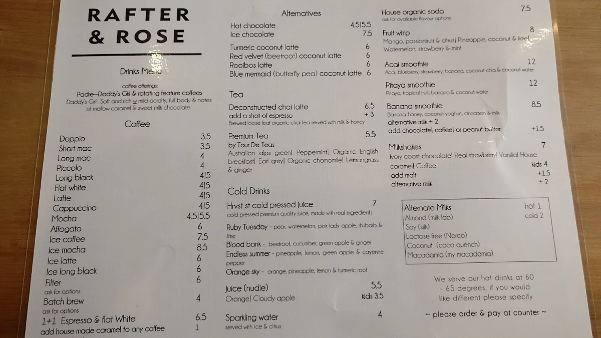 Menu, Rafter & Rose