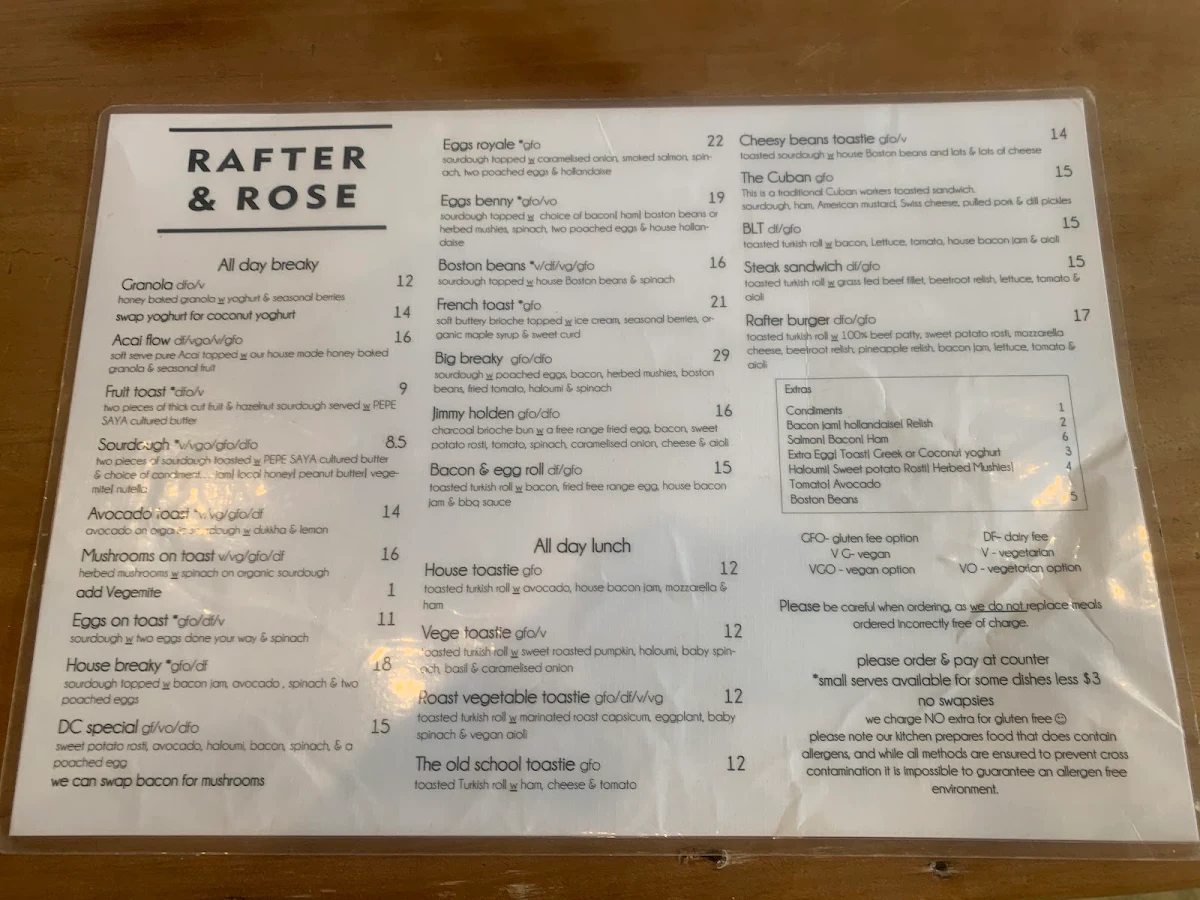 Menu, Rafter & Rose