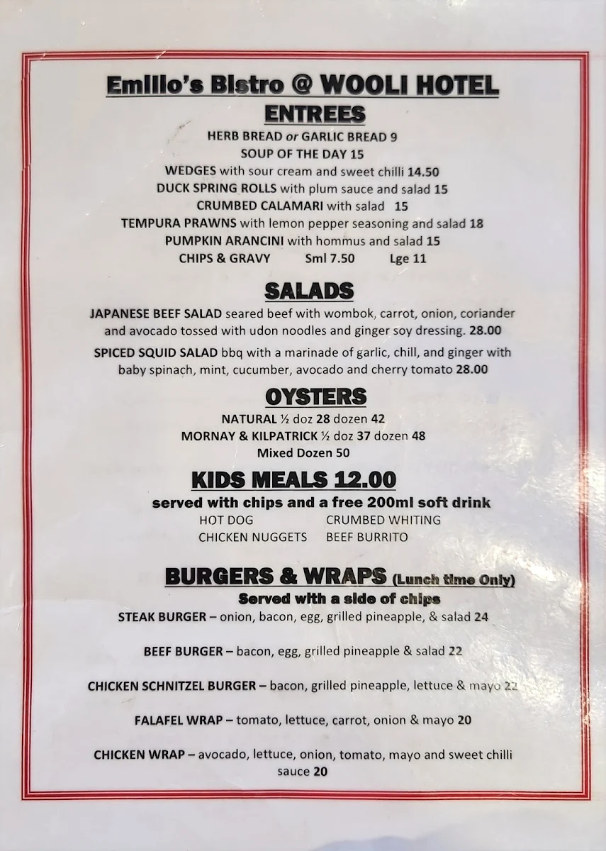 Menu, Emilio's Bistro And Pizzeria