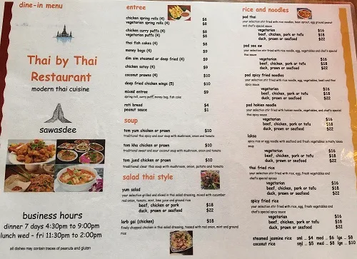 Menu, Thai by Thai Restaurant