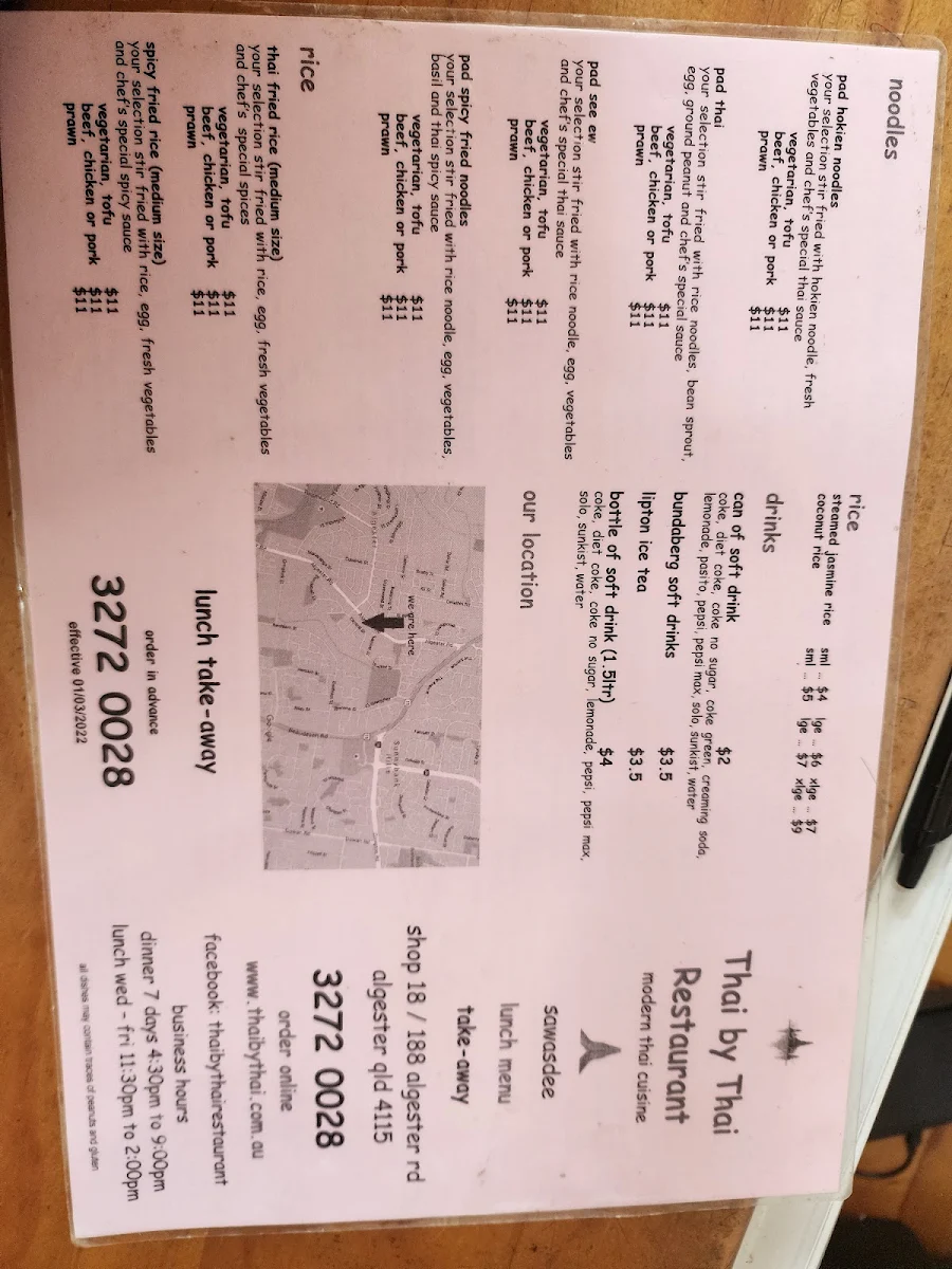 Menu, Thai by Thai Restaurant