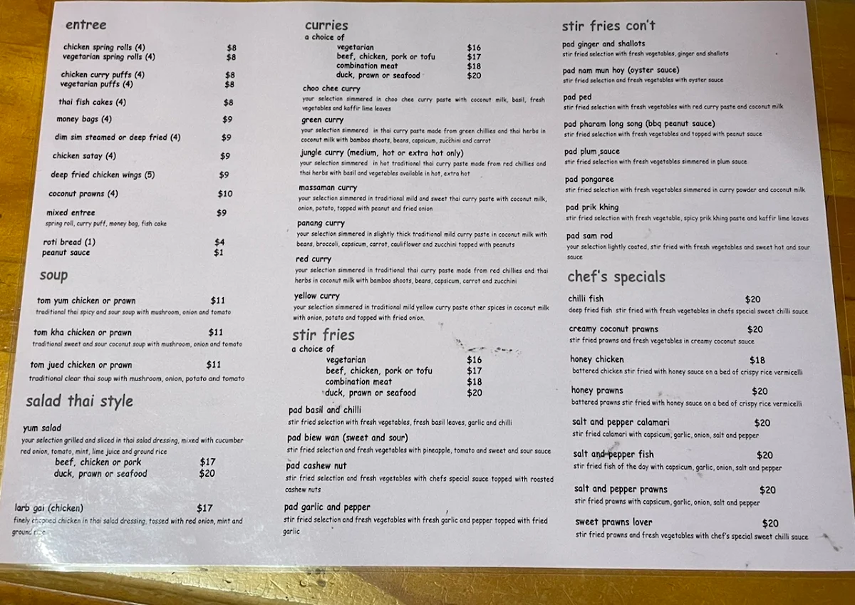 Menu, Thai by Thai Restaurant