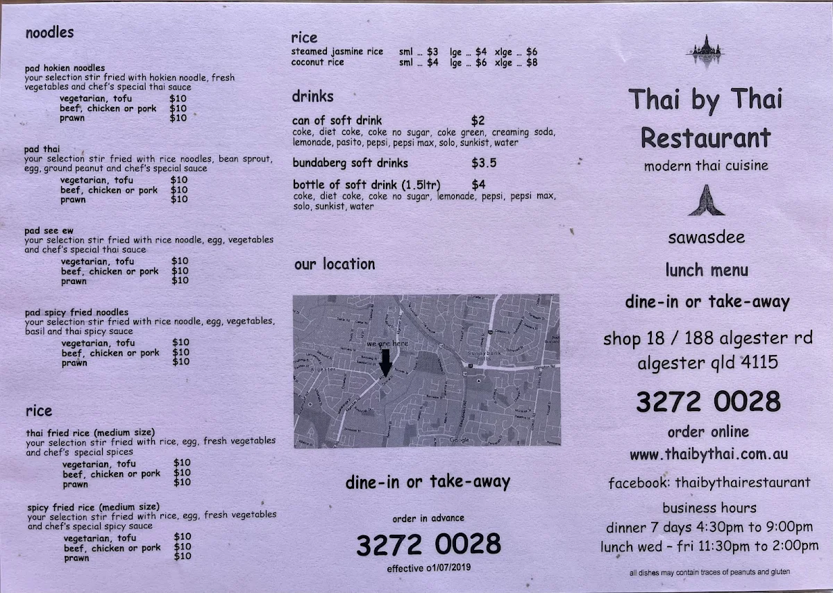 Menu, Thai by Thai Restaurant
