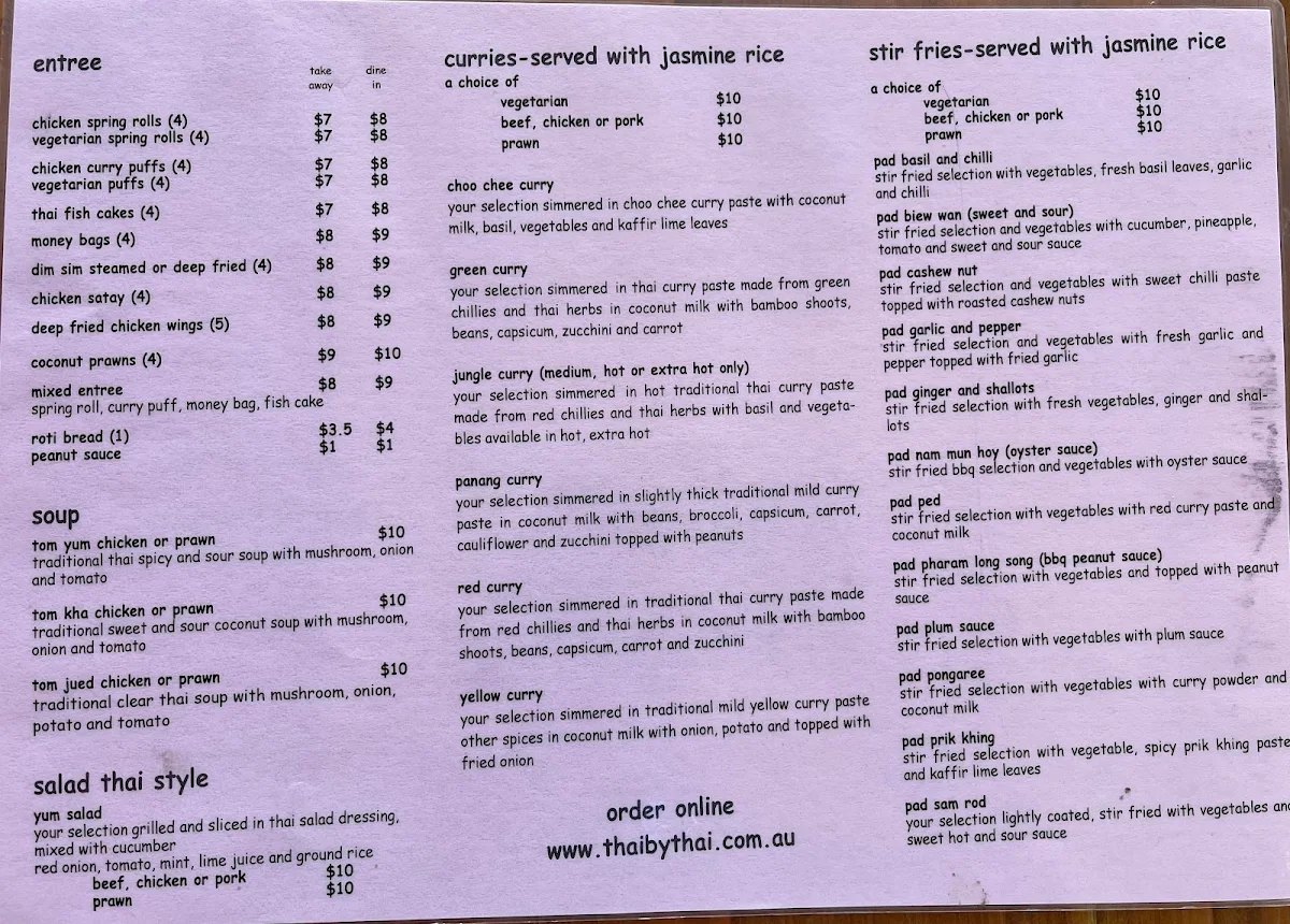 Menu, Thai by Thai Restaurant