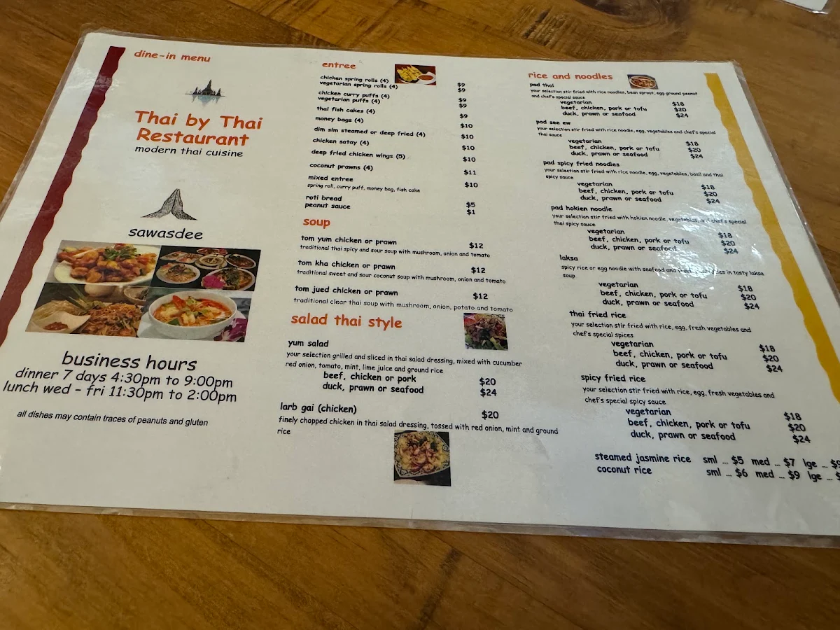 Menu, Thai by Thai Restaurant