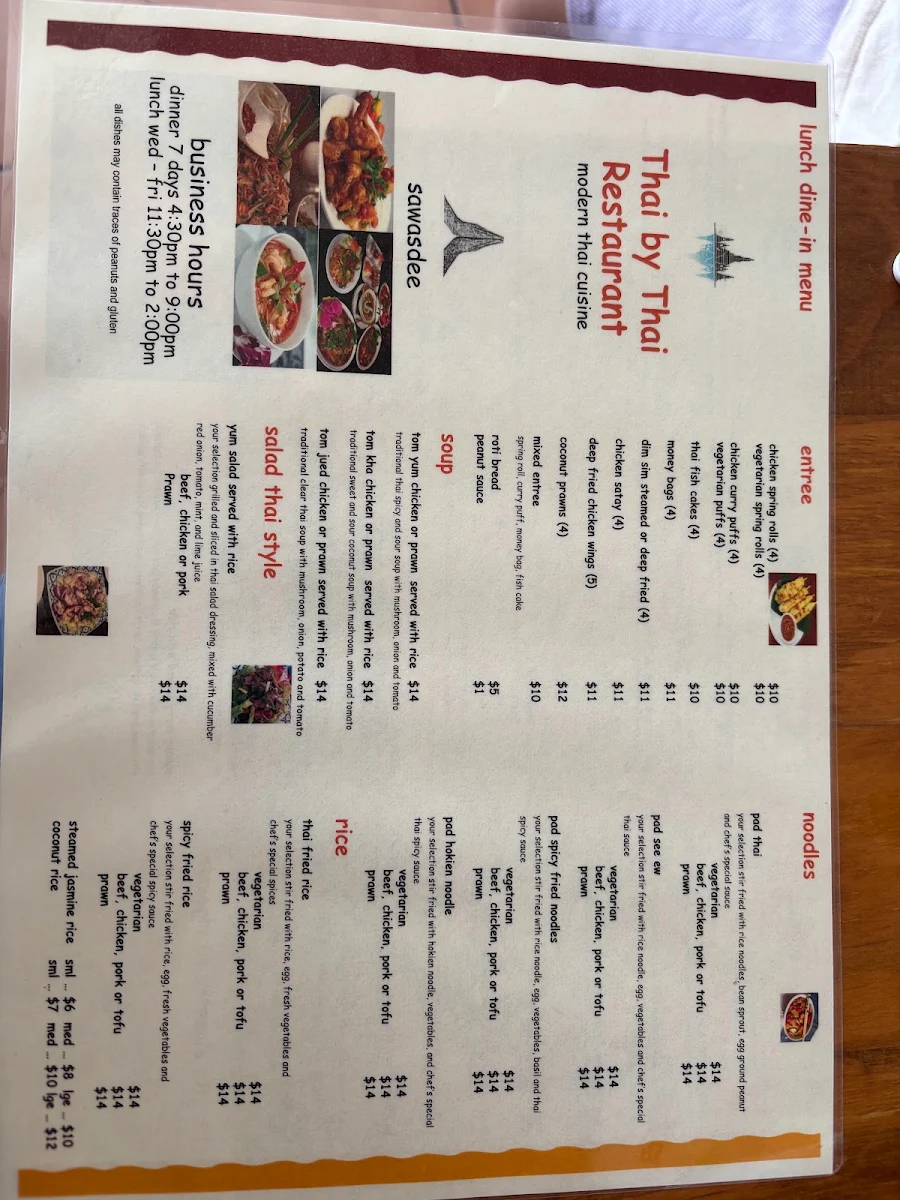 Menu, Thai by Thai Restaurant