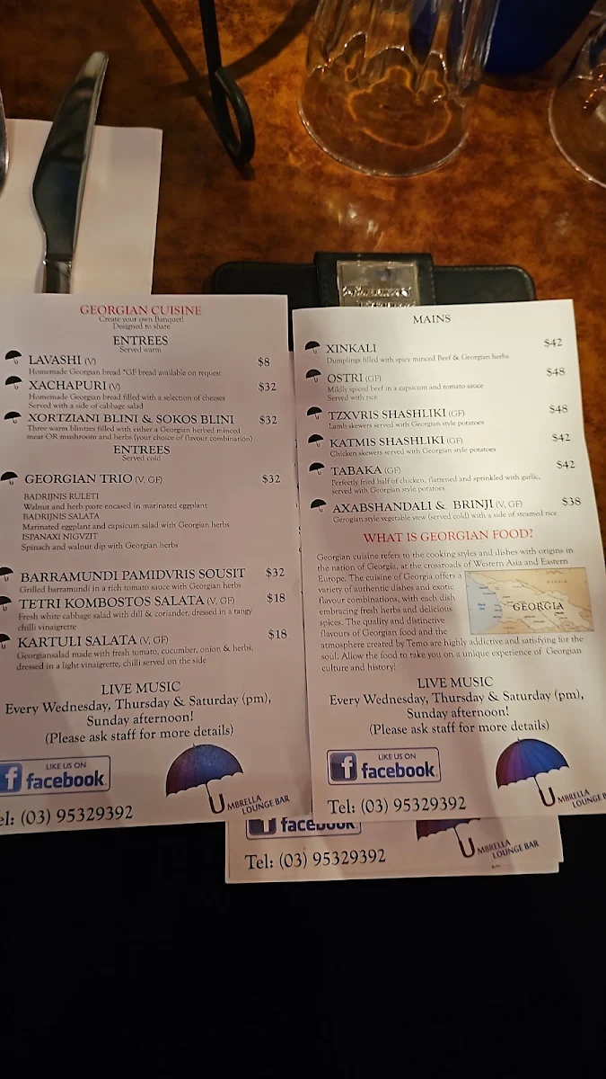 Menu, Umbrella Lounge Bar