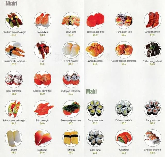 Menu, Sushi Culture Minto