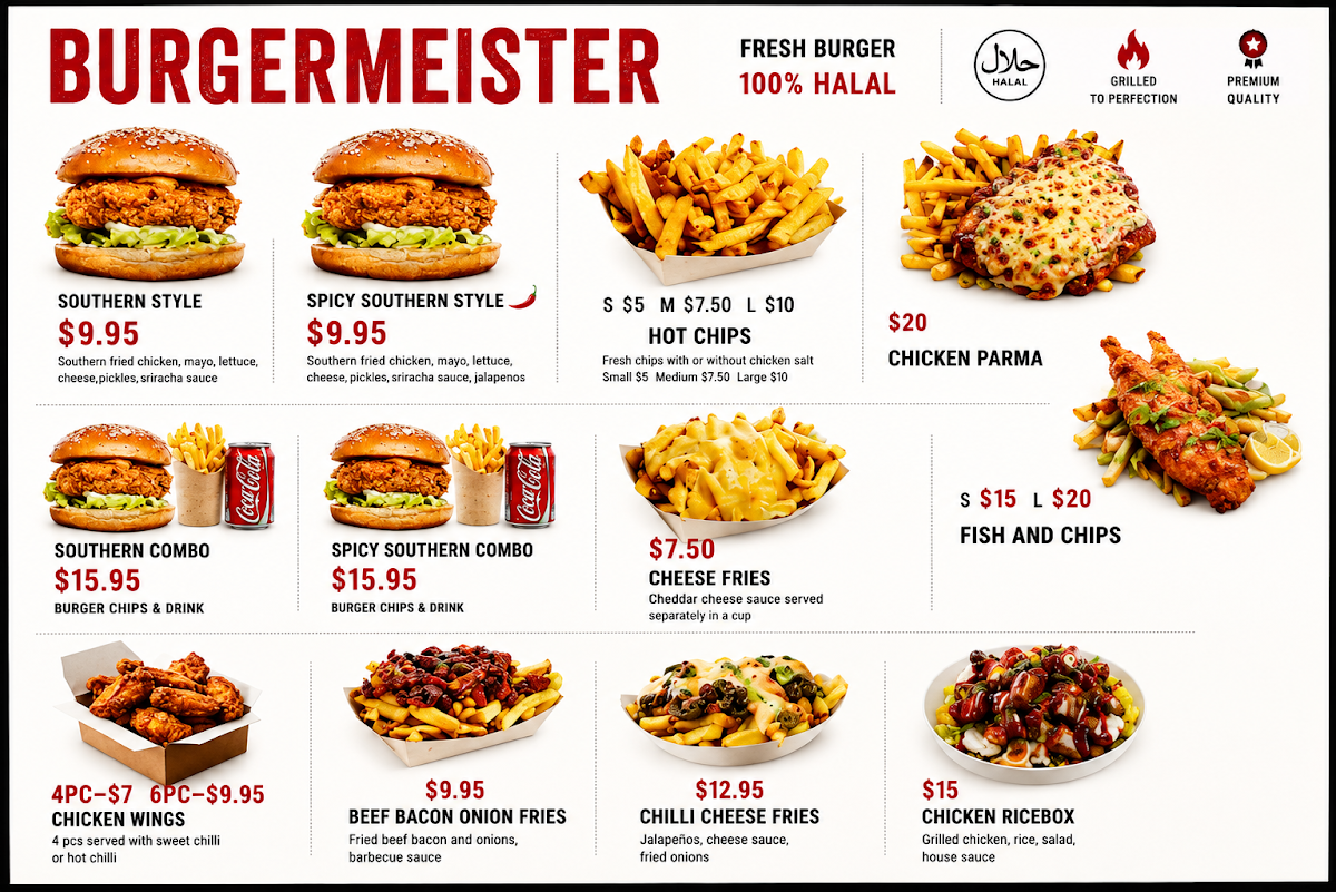 Menu, Melbourne Halal / Burgermaster ( Kebab Pizza Burger Fish Chips )