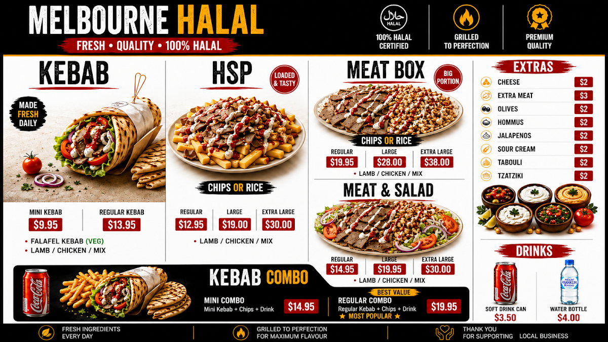 Menu, Melbourne Halal / Burgermaster ( Kebab Pizza Burger Fish Chips )