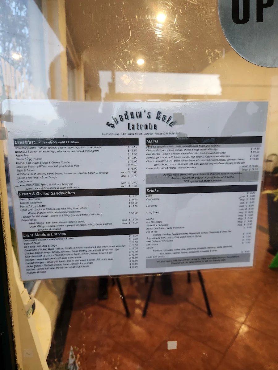 Menu, Shadows Cafe